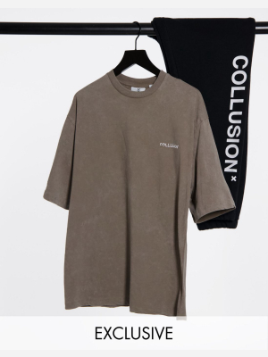 Collusion Unisex Oversized T-shirt In Khaki Acid Wash