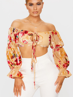 Orange Devore Off Shoulder Long Sleeve Crop Top