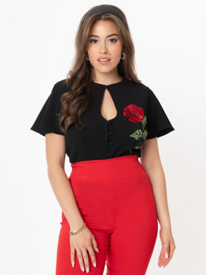 Unique Vintage Black & Embroidered Red Rose Annapolis Blouse