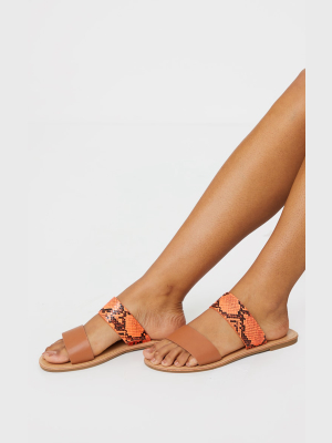 Orange Pu Double Strap Contrast Snake Flat Mule...