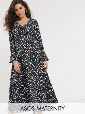 Asos Design Maternity Wrap Maxi Dress In Mono Splodge Print