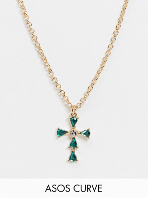 Asos Design Curve Necklace With Emerald Crystal Cross Pendant In Gold Tone