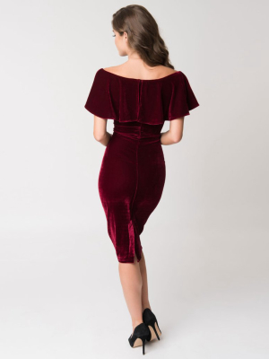 Unique Vintage 1950s Burgundy Red Velvet Sophia Wiggle Dress