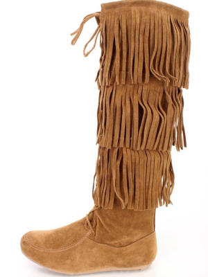 Baylee10 Tan Knee High Lace Up Multi Layer Fringe Boot