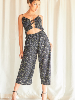 Black Floral Print High Waist Culotte