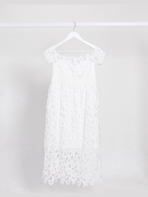 Chi Chi London Maternity Bardot Lace Midi Dress In White