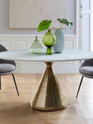 Silhouette Pedestal Oval Dining Table - White Marble/antique Brass