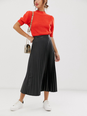 Asos Design Leather Look Pleated Midi Skirt In Black