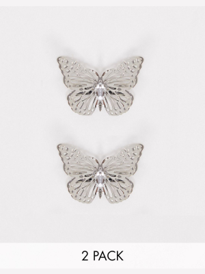 Asos Design Pack Of 2 Hair Clips With Large Butterflies In Silver Tone