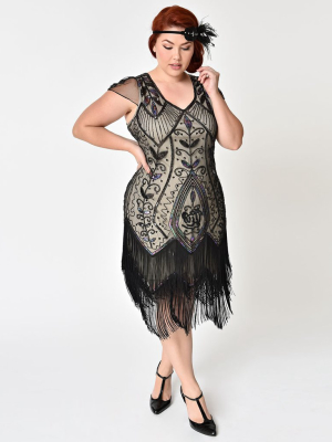 Unique Vintage Plus Size 1920s Black Rose & Champagne Noele Fringe Flapper Dress