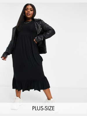 Yours Tiered Midi Dress With Puff Sleeves In Black