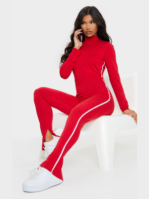 Red Sports Stripe High Neck Jumpsuit