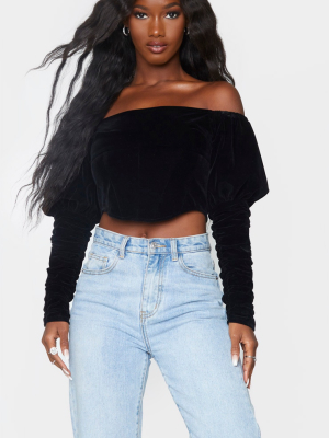 Black Velvet Puff Sleeve Bardot Crop Top