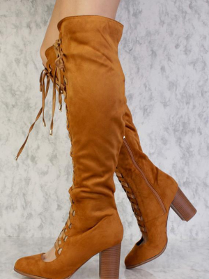 Lara Camel Almond Toe Scalloped Lace Up Knee High Boot