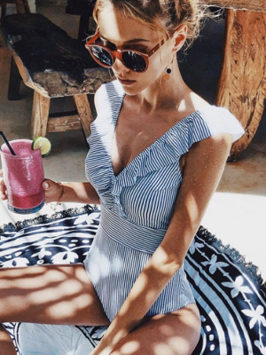 Contrast Striped Ruffle V Neck One Piece Swimsuit