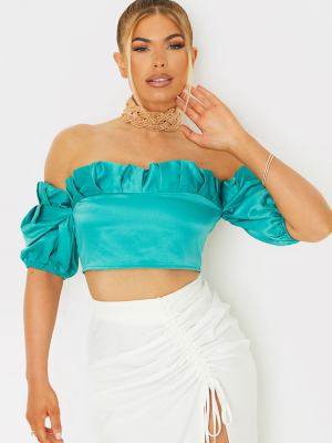 Teal Satin Frill Top Edge Puff Sleeve Crop Top