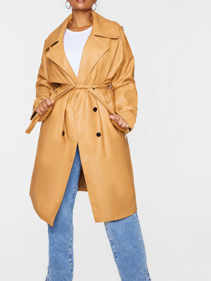 Plus Camel Faux Leather Drop Arm Midi Trench