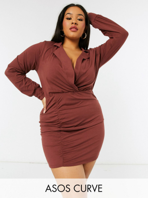 Asos Design Curve Slouchy Shirt Ruched Long Sleeve Mini Dress In Mocha