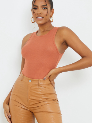 Burnt Orange Soft Rib Racer Neck Sleeveless...