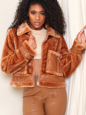 Camel Faux Fur Contrast Pu Pocket Cropped Jacket