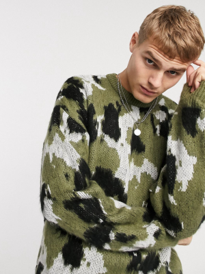 Mennace Brushed Crew Neck Knit Sweater In Camo Print