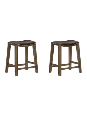 Homelegance 24" Counter Height Wooden Stool Saddle Seat Barstool, Brown (2 Pack)