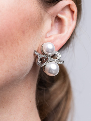 Silver And Crystal Double Pearl Bow Clip Earrings