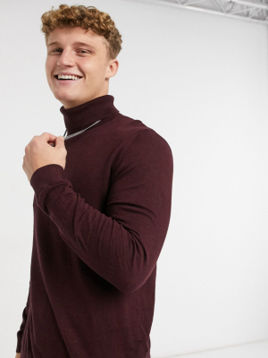 Topman Knitted Roll Neck Sweater In Burgundy