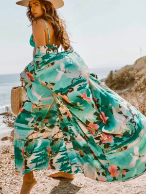 Boho Floral Belted Kimono Maxi Cover Up