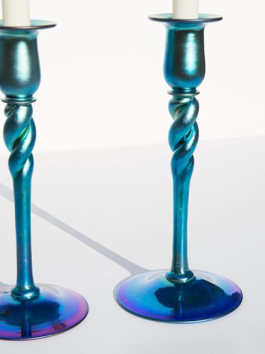 Blue Aurene Candlesticks By Steuben