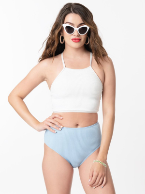 White & Light Blue Seersucker Two Piece Swimsuit