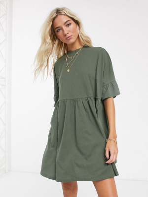 Asos Design Super Oversized Frill Sleeve Smock In Khaki