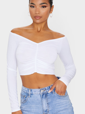 White Slinky Ruched Front Long Sleeve Crop Top