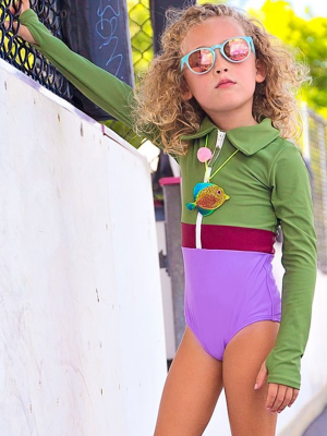 Mini Margherita Color Block Collared Rashguard Bodysuit (kids) - Vineyard Green/cordovan Red/lilac Purple