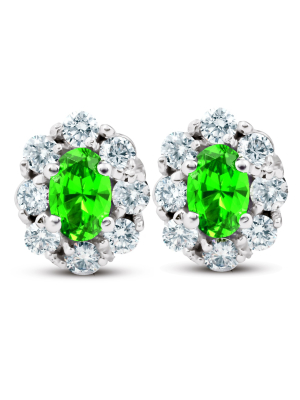 Pompeii3 3 Ct Peridot & Diamond Halo Studs 14k White Gold