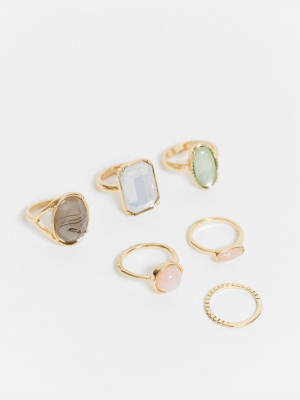 Asos Design Pack Of 6 Rings With Multi Colored Stones In Gold Tone