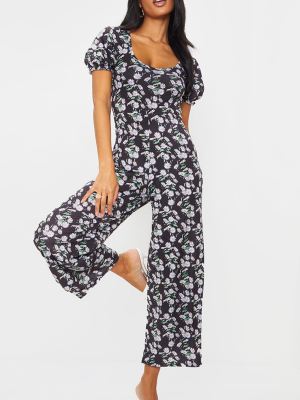 Black Daisy Print Short Puff Sleeve Culotte...