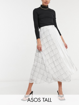 Asos Design Tall Pleated Midi Skirt With Check Print Detail In White