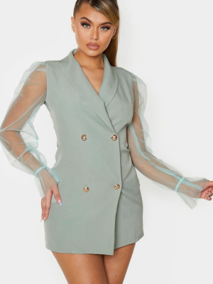 Sage Green Button Up Organza Sleeve Blazer Dress