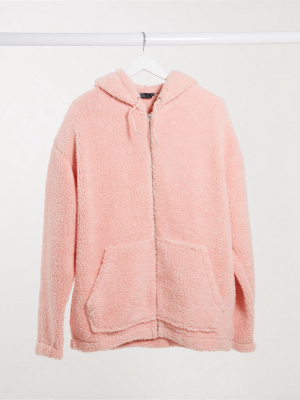 Asos Design Co-ord Oversized Zip-up Hoodie In Pink Teddy Fleece