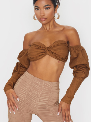 Brown Woven Twist Front Bardot Long Sleeve Crop...