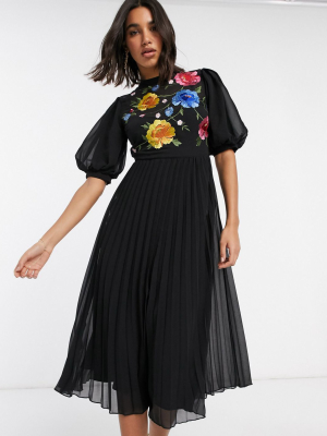 Asos Design Embroidered High Neck Pleated Midi Dress With Puff Sleeve In Black