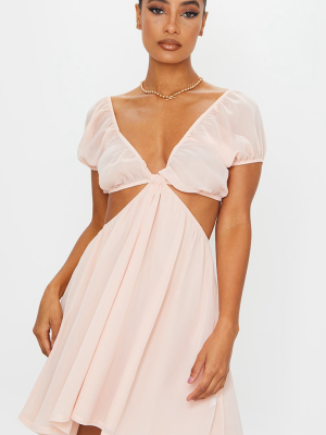 Nude Ruched Puff Sleeve Cut Out Shift Dress