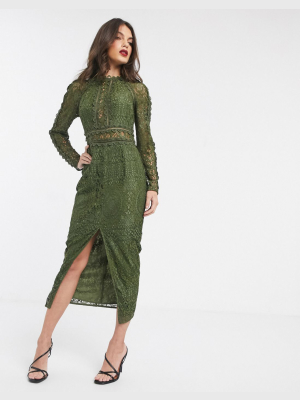 Asos Design Long Sleeve Pencil Dress In Lace With Geo Lace Trims