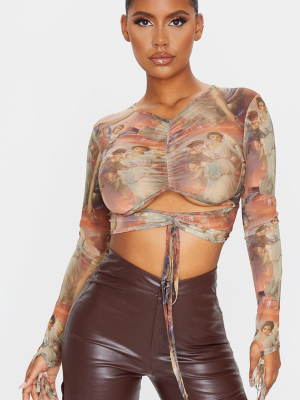 Multi Mesh Renaissance Print Ruched Cut Out Top