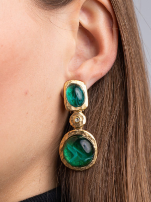 Flawed Emerald Cabochon Drop Clip Earrings