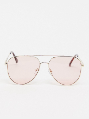 Asos Design Gold Aviator Sunglasses With Pink Lens