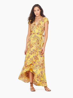 Manipura Cap Sleeve Maxi Dress - Sunflower Yellow Floral Print