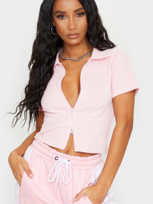 Baby Pink Short Sleeve Jumbo Rib Polo Collar...