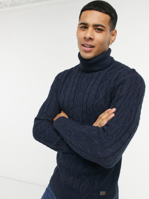 Only & Sons Cable Knit Turtleneck Sweater In Navy